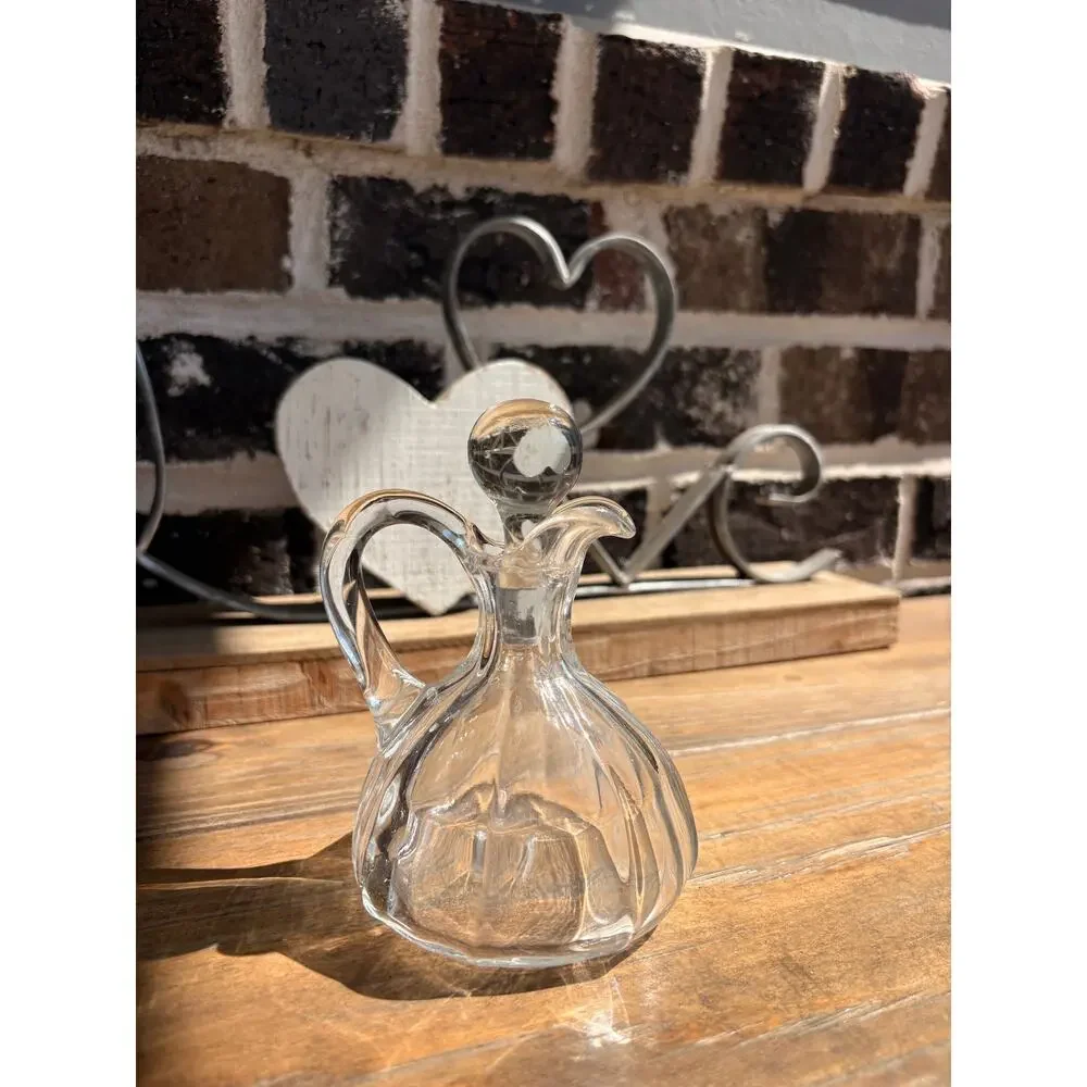 Vintage Clear Glass Cruet Decanter w Stopper Ribbed Fluted Oil Vinegar Pitcher